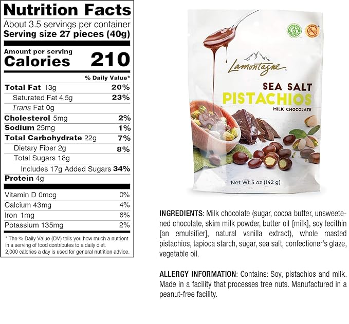 Lamontagne Milk Chocolate &amp Sea Salt Pistachios pack of 3 bags - Gluten-free Peanut-free and Palm Oil-Free Snack