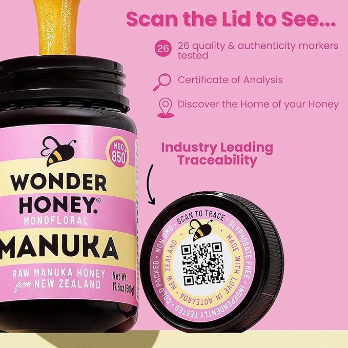 Wonder Honey Raw Manuka Honey New Zealand MGO850 (20+) Tested for 26 Markers Traceable Natural Soothing for Sore Throat Cough - Aids Digestion - Triple Sealed for safety in a Protective Box (8.8oz)