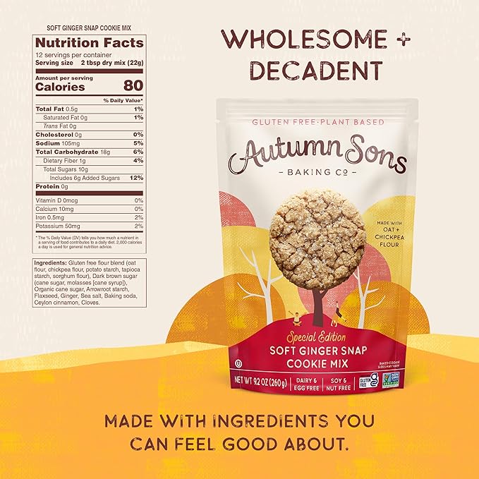 Autumn Sons Baking Co. Soft Ginger Snap Gluten Free Cookie Mix. Special Edition. Fall &amp Winter Baking. Christmas Cookies Vegan Plant Based. Dairy Soy &amp Nut Free. Top 9 Allergen Free. 9.2 oz