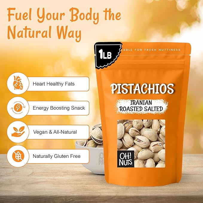Oh! Nuts Pistachios Iranian Style - Roasted Lightly Salted - 1 lb - Shelled Whole Nuts - Packed in New York Zip-Seal Bag for Exceptional Freshness