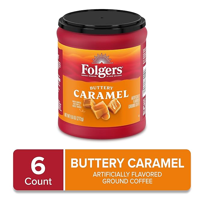 Folgers Buttery Caramel Flavored Ground Coffee 9.6 Ounce Canister (Pack of 6)