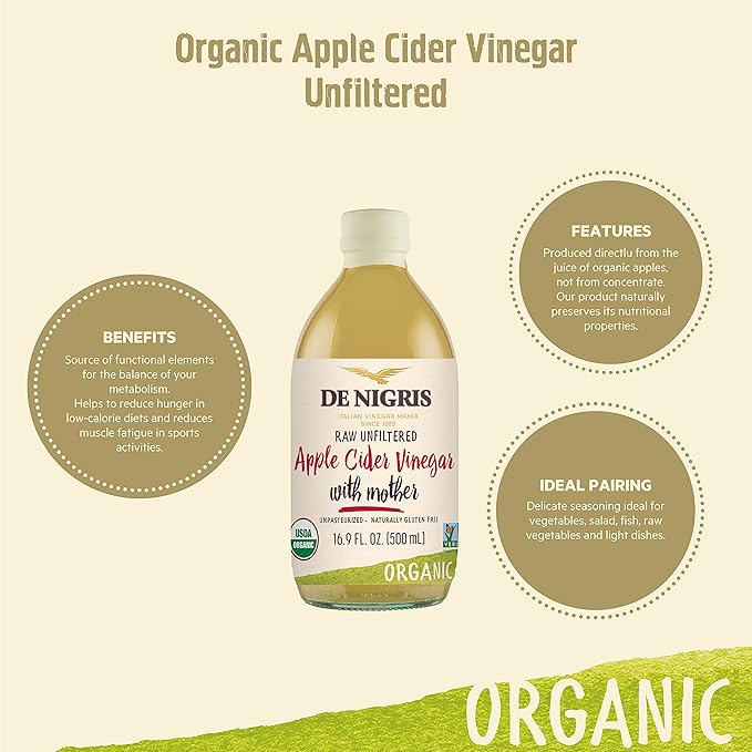 De Nigris Organic Apple Cider Vinegar With Honey Raw &amp Unfiltered 169 Oz (Pack of 2) | Apple Cider Vinegar With Mother For The Balance Of Metabolism Organic