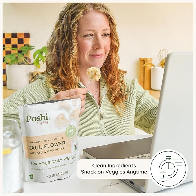 POSHI Marinated Cauliflower Florets with Salt + Black Pepper Natural Keto Vegan Non GMO Low Carb + Calorie Gluten Free Ready to Eat Fully Cooked Vegetables Pentry Food Gourmet 6 Pack 4.4 oz