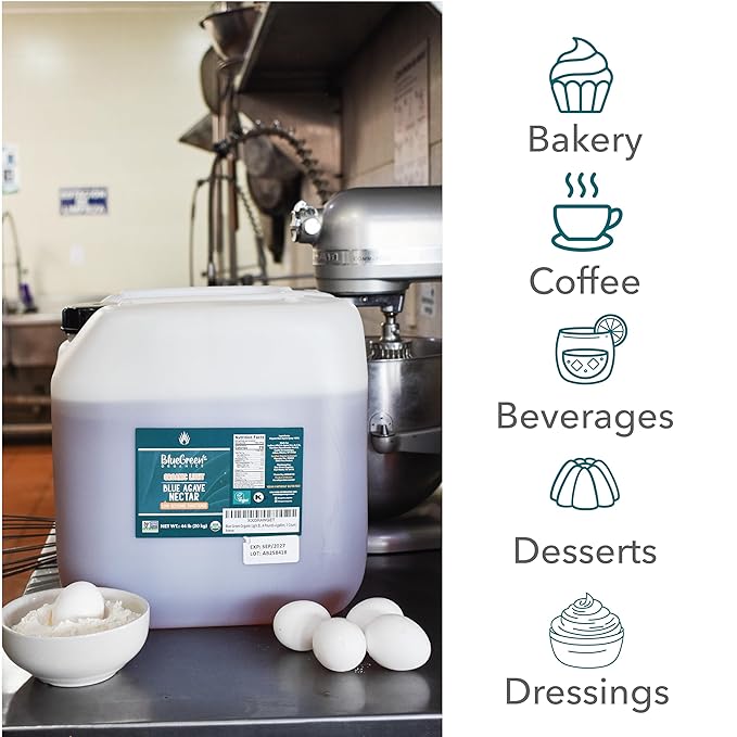 BLUE GREEN ORGANICS 44 lb Raw Blue Agave Nectar Organic Bulk Natural Sweetener 4 Gallon Container for Restaurants &amp Home Use Low Glycemic Sugar Alternative