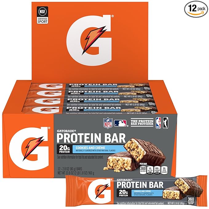 Gatorade Whey Protein Bars Cookies &amp Crème 2.8 oz bars (Pack of 12 20g of protein per bar)