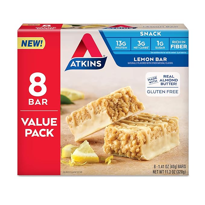 Atkins Lemon Snack Bar Made with Real Almond Butter 1g Sugar Gluten Free High in Fiber Keto Friendly 8 Count