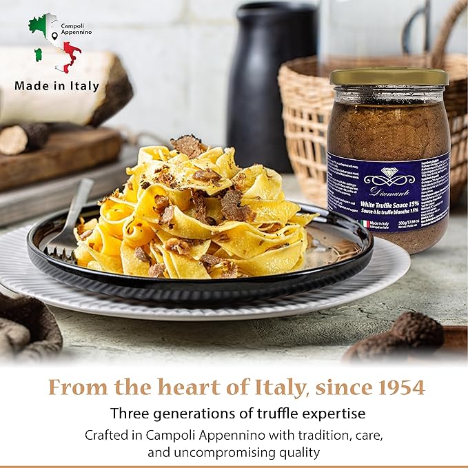Diamante Italy White Truffle Sauce with High 15% White Truffle Content - Authentic Italian Gourmet White Truffle &amp Mushroom Sauce - Non GMO Vegan &amp Made in Italy - 500g
