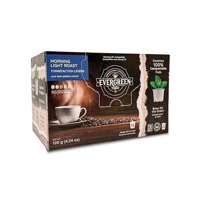 Evergreen Compostable Single Serve Coffee Pods - Light Roast Morning Blend - 100% Arabica Beans (72 Count)