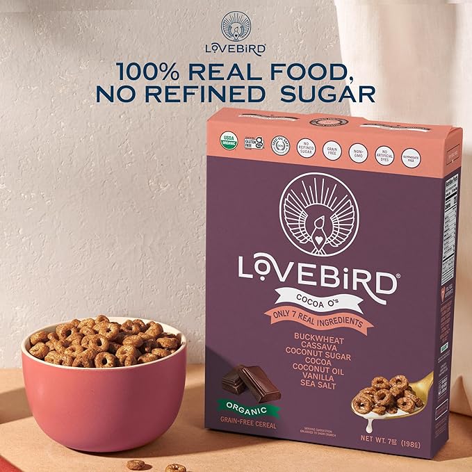 Lovebird Organic Cereal That Actually Tastes Good - 100% Real Food &amp Healthy Gluten Free Cereal No Refined Sugar Paleo Keto Friendly Healthy Snacks for Kids Adults - Cocoa 3-Pack