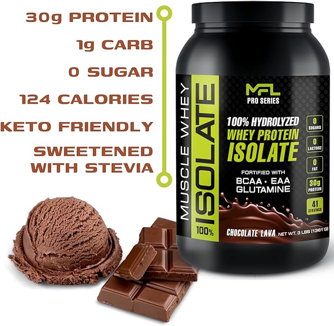 MFL 100% Isolate Protein l 30g of Protein l BCAAs l Keto Friendly l Low Carbs l Gluten Free l 3 lbs. (Chocolate Lave)