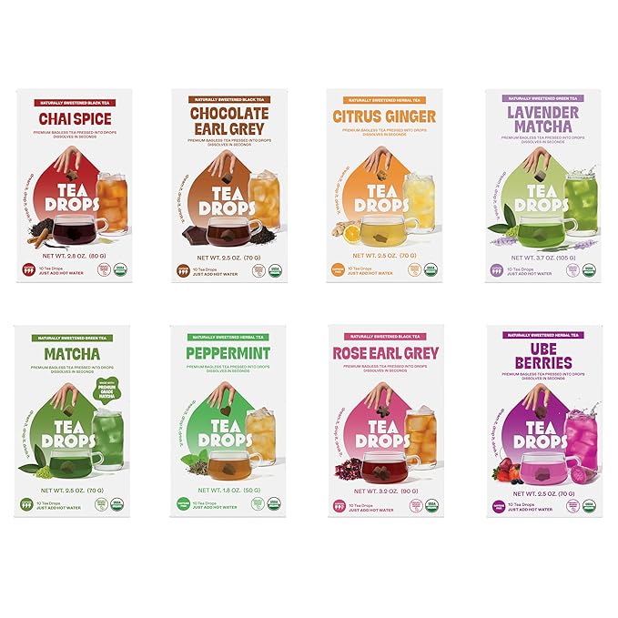 Tea Drops 8-Pack Limited Edition 10ct Tea Box Collection | Organic Bagless Tea Assortment | Handmade in USA | Woman-Owned | Includes Chai Spice Chocolate Earl Grey Ube Berries Matcha Lavender Matc