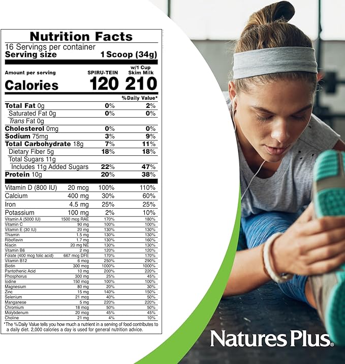 NaturesPlus SPIRU-TEIN Plus Vanilla - 1.20 lb - Plant-Based Protein Powder with D3 Biotin for Adults 50+ - Vitamins &amp Minerals for Energy &amp Well-Being - Vegetarian Gluten Free - 16 Servings