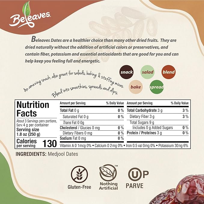Beleaves Premium Medjool Dates 8 oz (4 Pack) | Vegan Gluten Free Kosher Nothing Artificial | Healthy Snack Baking &amp Salad Ingredient | Naturally Sweet Caramel-Like Flavor