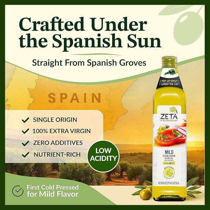 Zeta Extra Virgin Olive Oil 25.3 fl oz | Premium Glass Bottle with Pop-Up Spout | Cold-Pressed | Product of Spain | Ideal for Baking Cooking Grilling Roasting Pasta &amp Salads