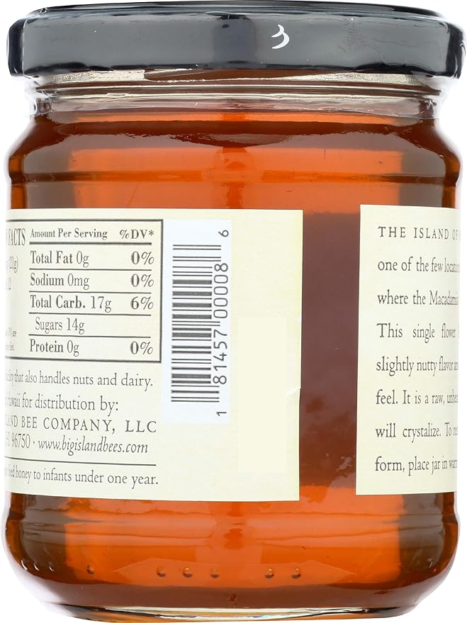 Unheated Pure Raw Macadamia Nut Blossom Hawaiian Honey Single Floral Variety by Big Island Bees (9 oz Glass Jar)