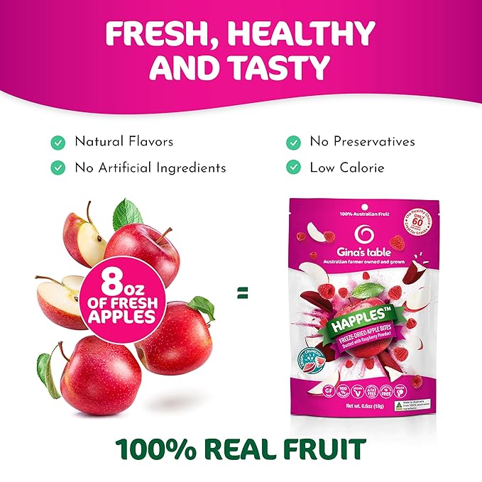 Happles Freeze Dried Apples with Raspberry Fruit Powder – 100% Natural No Added Sugar Healthy Low Calorie Apple Crisps Snack for Adults &amp Kids Gluten Free No Artificial Flavours (10 Pack)