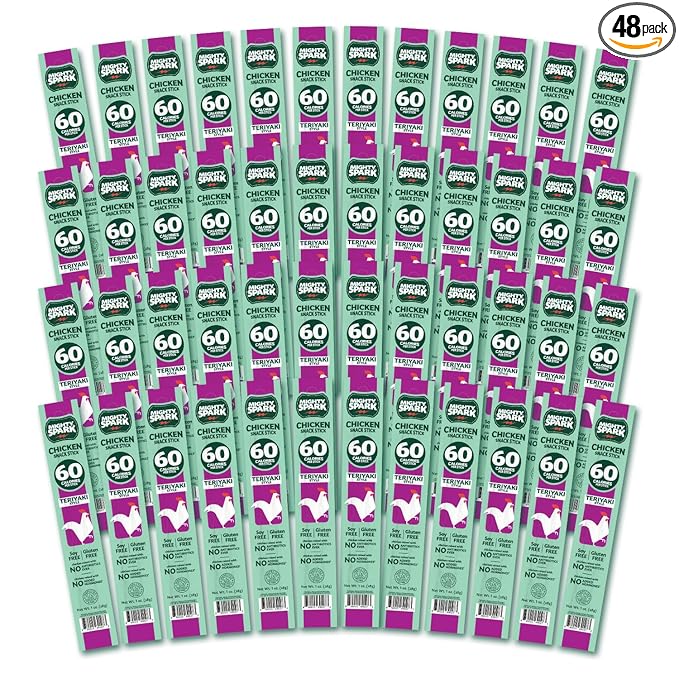 Mighty Spark Chicken Snack Sticks - Teriyaki - 5g of Protein No Hormones Added Gluten Free Soy Free Meat Sticks - High Protein Keto Snacks Weight Watchers Approved Snacks - 48 Count