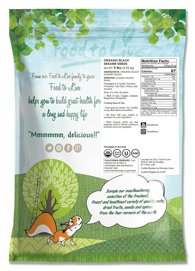 Food to Live - Organic Black Sesame Seeds 8 Pounds - Non-GMO Raw Unhulled Kala Til Seeds Unroasted Kosher Vegan Bulk. Good Source of Calcium Iron and Dietary Fiber