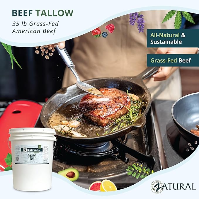 Zatural 100% Pure Grass-Fed Beef Tallow ~5 Gallon – Deodorized &amp Refined Food-Grade Fat for Cooking Frying Skincare Soap Making &amp DIY Balms (35 Pounds)