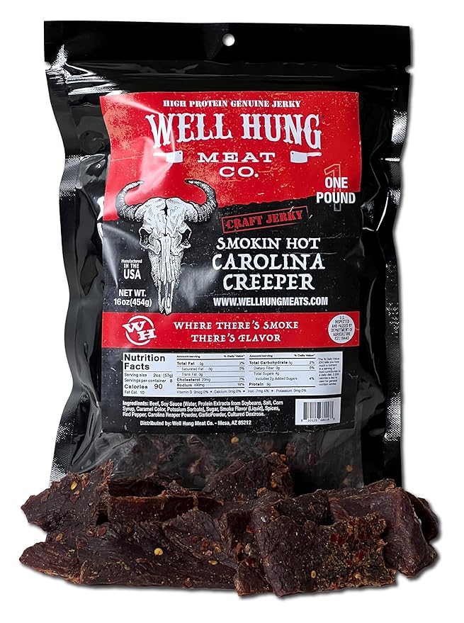 Well Hung Meats Smokin Hot Beef Jerky One Pound Resealable Craft Jerky Bag (16oz)