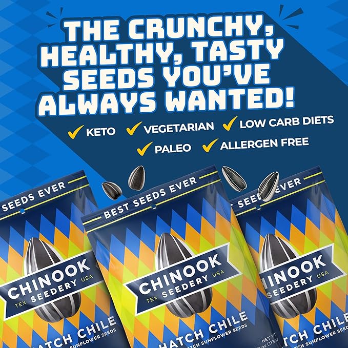 Chinook Seedery Sunflower Seeds to Eat — Jumbo Flavored Roasted Low Sodium Snacks — Keto Friendly Gluten-Free Non-GMO — Hatch Green Chile Flavor 4 oz (12-Pack)