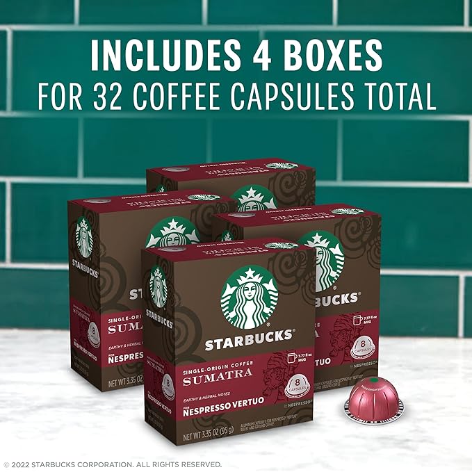 Starbucks by Nespresso Vertuo Single-Origin Sumatra Dark Roast Coffee 32-count Coffee Pods Brews 7.8 oz.