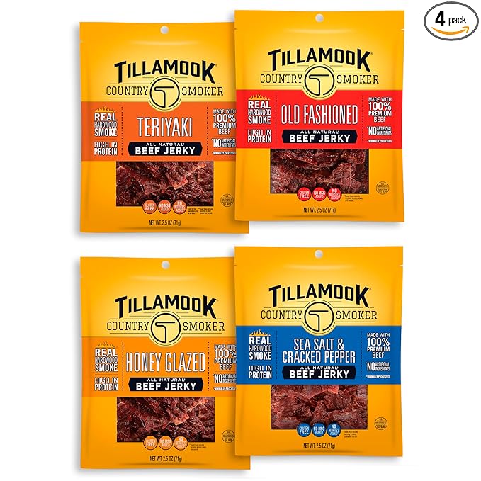 Tillamook Country Smoker Real Hardwood Smoked Beef Jerky Variety Pack 2.5 Ounce (Pack of 4)