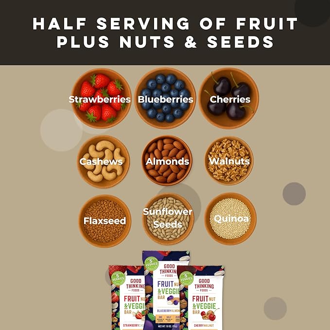 Good Thinking Foods Fruit &amp Veggie Bars - Variety Pack | Mediterranean Diet Snack Vegan Organic Fruit Real Vegetables High Fiber (12g) Healthy Fats Antioxidants No Added Sugar Great Tastin