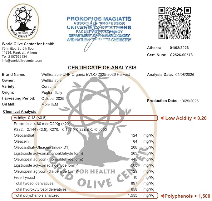 WellEatable Ultra High +1500 mg/kg Polyphenol Rich Olive Oil 2025 NYIOOC Gold Early Harvest Organic Extra Virgin Olive Oil from Italy Lab Tested Cold Extracted for Phenolic Shot 16.9 fl oz