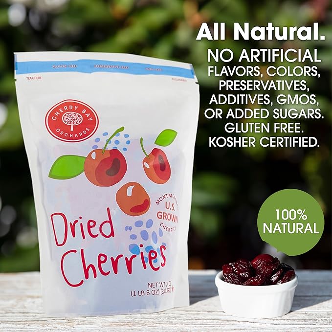 Cherry Bay Orchards - Dried Montmorency Tart Cherries - Pack of Two 24oz Bags (Total 48oz 3LB) - 100% Domestic Natural Kosher Certified Gluten-Free and GMO Free - Packed in a Resealable Pouch