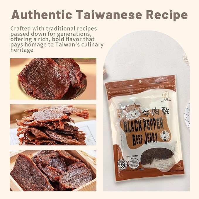 Old Cottage Beef Jerky - Authentic Taiwanese Recipe -Taiwanese Snacks - Dried Jerky Protein Snack | Beef Jerky Asian Snacks 2.82oz Pack of 3 Made in The USA (Pack of 3 Black Pepper)