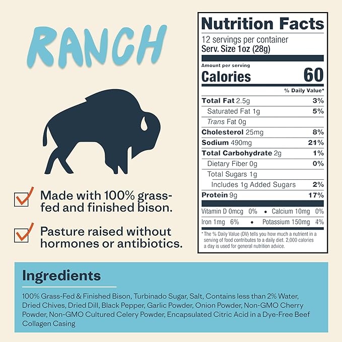 Patagonia Provisions Bison Sticks - Ranch | 100% Grass-Fed 8g of Protein 60 Calories | No Artificial Ingredients Added Flavors Fillers or Nitrates | Pack of 12 1 oz Each