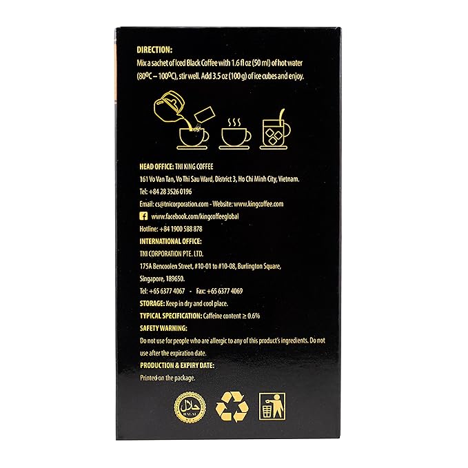 King Coffee Iced Black Instant Coffee - Finely Ground Robusta and Arabica Blend from Vietnam | 10 Sachets (0.56 oz/16g each) | 5.6 oz (Pack of 6)