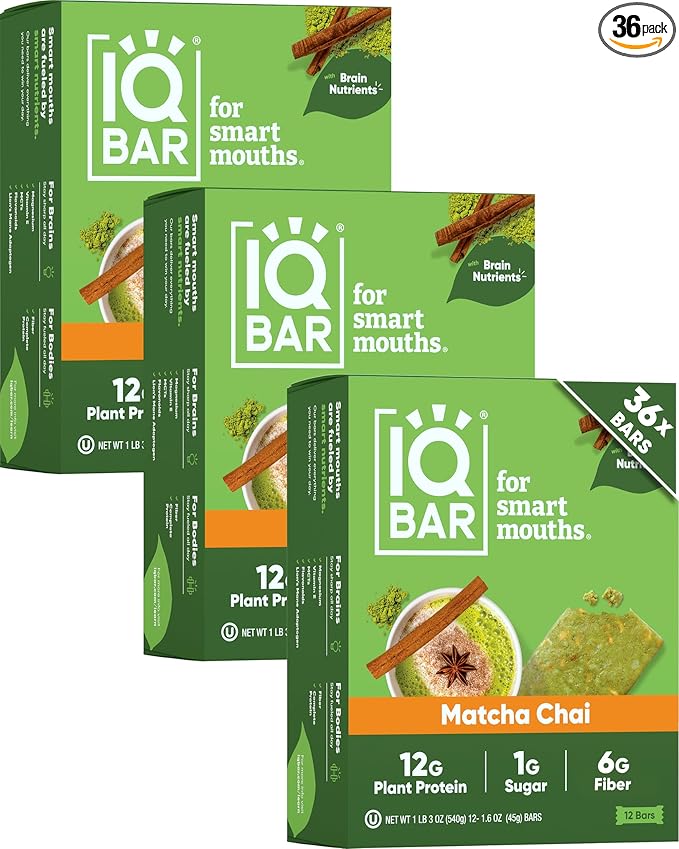 IQBAR Clean Plant Protein Bars - Matcha Chai - 36 Count - Keto Vegan High Fiber Gluten and Dairy Free Low Sugar Snack - Brain and Body Nutrients for Focus Energy Meal Replacement