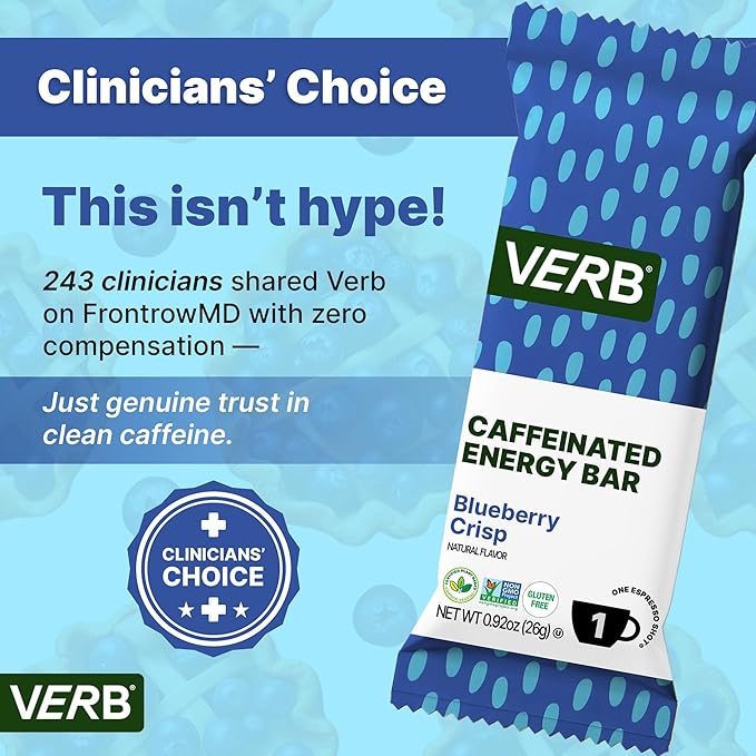 Verb Caffeinated Energy Bars Blueberry Crisp (26g Pack of 16) 110-Calorie Delicious Low Sugar Energy Bar - Vegan Gluten Free On-the Go Snack with 80mg Green Tea Caffeine Only Real-Food Ingredients