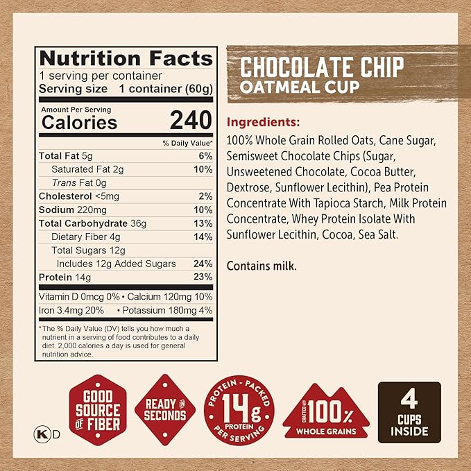 Kodiak Cakes Instant Oatmeal Cup Variety Pack: Peanut Butter Chocolate Chip Maple &amp Brown Sugar &amp Chocolate Chip