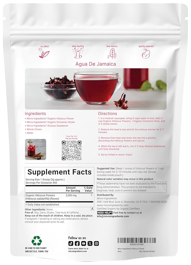 Organic Hibiscus Flowers 2lbs (450+cups) | Flor de Jamaica Loose Leaf Tea for Hibiscus Tea Bags | Cut &amp Sifted Dried Leaves | Caffeine Free Non-GMO No Sugar