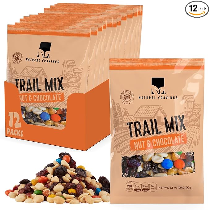 Natural Cravings Trail Mix Snack Packs - Individual 3.5 oz Bags - Nuts &amp Chocolate Dried Fruit Mix &amp Nuts Mix with Peanuts Dried Cranberries Raisins Chocolate Gems - Trail Mix Individual Pa