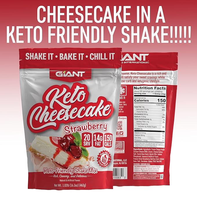 Giant Sports Keto Cheesecake Shake Mix - Delicious Low Carb Ketogenic Diet Gluten Free Powder Mix - Works Great with Almond Milk - Strawberry (20 Serving Bag)