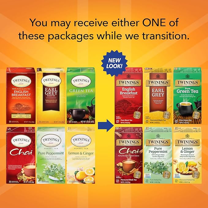 Twinings Variety Pack Tea Bags 25 Count (Pack of 6) Includes English Breakfast Earl Grey Lemon Ginger Peppermint Green and Chai Enjoy Hot or Iced 150 Teabags