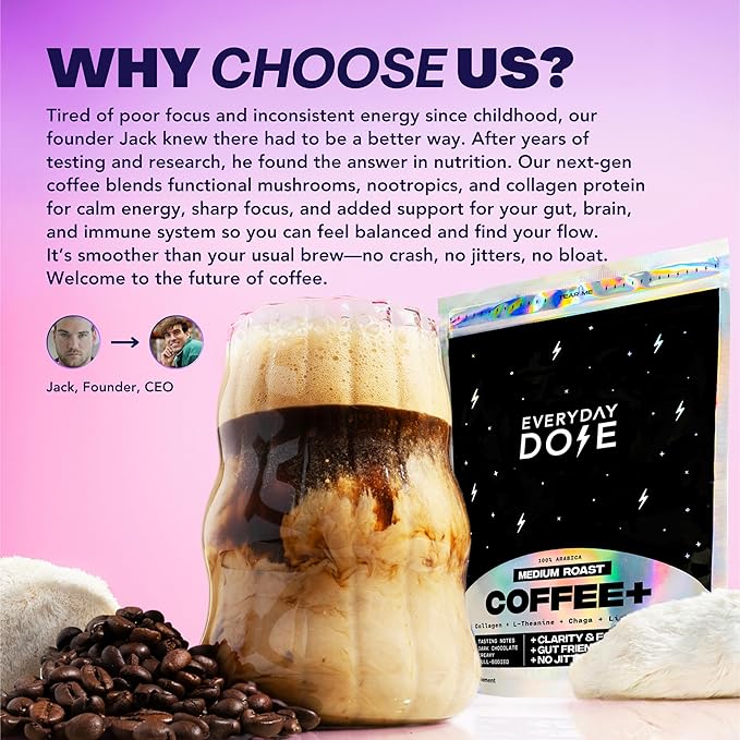Everyday Dose Bold Medium Roast Mushroom Coffee 90mg Caffeine per serving with Grass-Fed Collagen Chaga Lions Mane &amp L-Theanine for Better Focus Energy Digestion Skin and Immunity 30 Serving