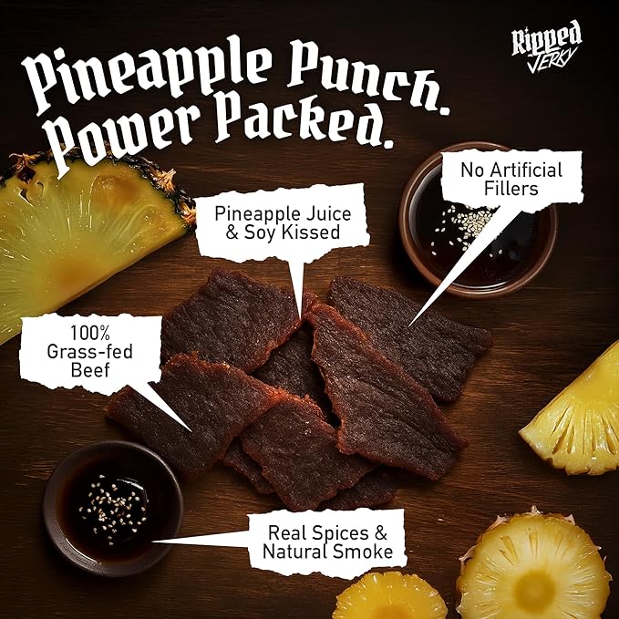 Ripped Beef Jerky - 100% Grass Fed Beef 20g Protein Real Ingredients Gluten Free No MSG Made in USA (Pack of 3 Pineapple)