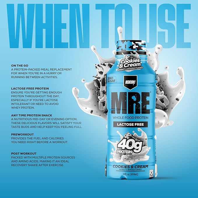 REDCON1 MRE Ready to Drink Protein Shake Cookies &amp Cream - Lactose Free RTD 40gr Protein Made with Real Whole Food Protein Blends - Easy to Digest Nutritional Shake (12 Pack)