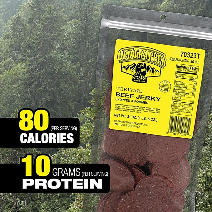 Old Trapper Double Eagle Beef Jerky Teriyaki Flavor 21 Ounce Package Natural Wood Smoked Meat Snacks 10 Grams of Protein and 80 Calories per Serving (Pack of One)