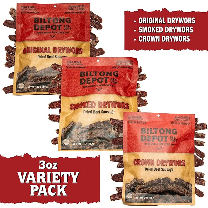 Biltong Depot Drywors Variety Pack – Original Smoked &amp Crown | 3oz Bags (3 Pack) | Air-Dried Beef Snack Sticks | High Protein | Keto &amp Paleo Friendly | Zero Sugar | Gluten Free