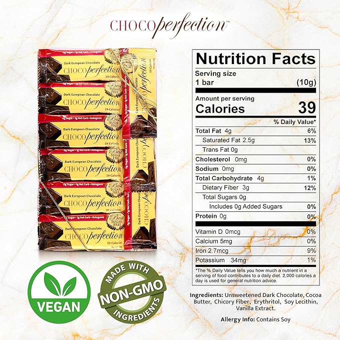 ChocoPerfection Sugar Free Dark Chocolate Bars – Keto-Friendly Gluten-Free and Vegan No Maltitol Fiber-Rich Low-Carb Snacks with Low Glycemic Impact European Taste Box of 30 Bars (10g Each)