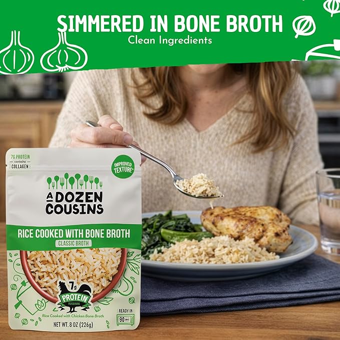 A Dozen Cousins Bone Broth Rice Variety 6pk Ready to Eat Seasoned High Protein Rice Clean Ingredients Sea Salt Classic Spanish Easy Side Dish Halal Chicken Bone Broth Gluten Free 8oz Packets