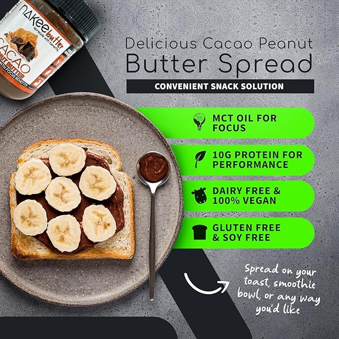 Nakee Butter Focus Cacao Peanut Butter Jar - Gluten-Free High-Protein Keto Low-Carb &amp C8 MCT Oil