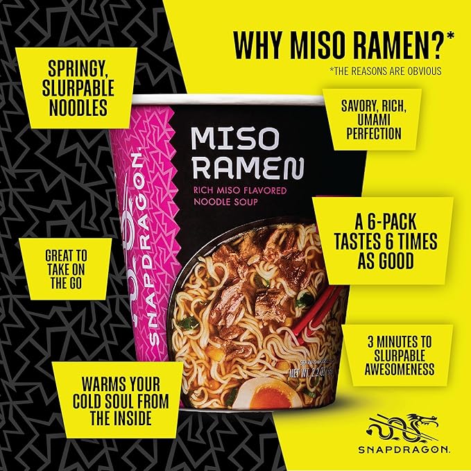 Snapdragon Miso Ramen Cup Noodles - 6 Pack Instant Ramen Bowl with Authentic Wheat Noodles Soup Sauce Base Vege Pack and Flavoring Chili Oil. Microwave or Hot Water Easy Meal Prep