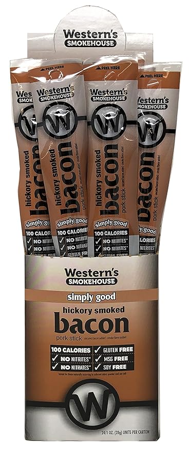 Western's Smokehouse Meat Sticks Hickory Smoked Bacon Pork Jerky Sticks – Pack of 24 (1.0 Ounce) - Gluten-Free MSG-Free Soy-Free Nitrate-Free Nitrite-Free